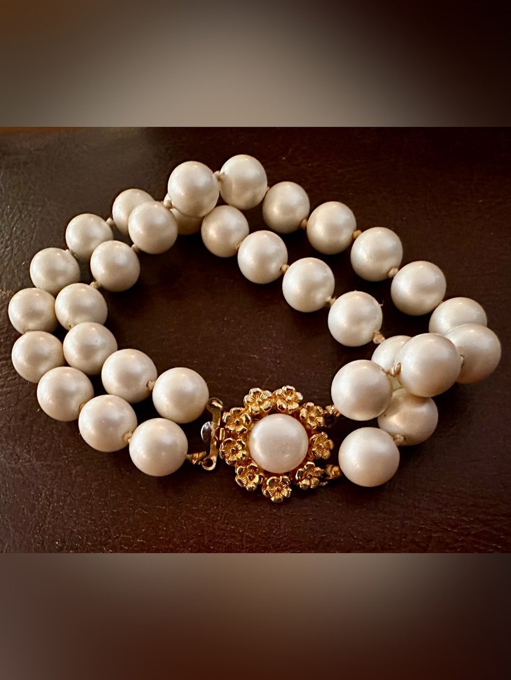 Vintage Signed Marvella 2-Strand Faux Pearl Bracelet with Ornate Floral Clasp
